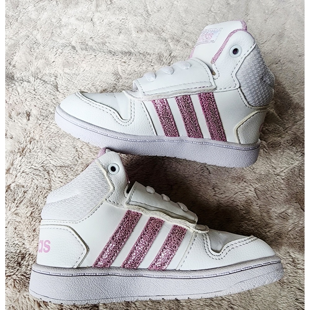 Adidas Hoops 2.0 Mid White Pink Glitter Kids Sneakers Size 9K
